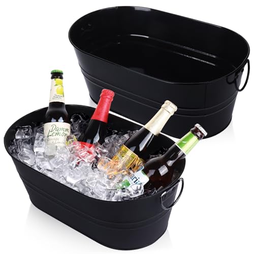 Galvanized Tub Beverage Tubs, 2pcs Metal Ice Buckets for Cocktail Bar 3 Gallon Wine Beer Drink Buckets with Handles Large Tub Cooler Mimosa Bar Supplies Ice Bucket for Parties (Black)