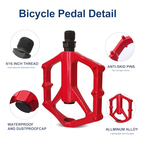 RainFlowwer 14mm Non-Slip Lightweight Aluminum Alloy Bicycle Pedals,Road/MTB Flat Pedals,Mountain Bike Pedals,Fits 9/16\" Road Mountain BMX MTB Bike Pedal(red)