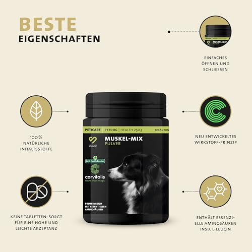 Peticare Muskulatur & Aktiv Pulver-Mix für Hunde | Ergänzungsfuttermittel mit Collagen & Aminosäuren | Unterstützung für Beweglichkeit & Vitalität | für aktive Hunde & Senioren | petDog Health 2503