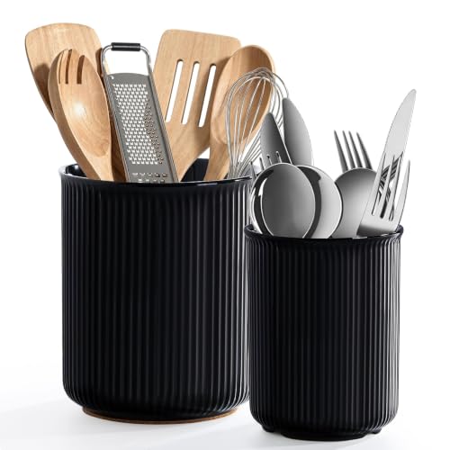 LoeJan Utensil Holder for Kitchen Counter, 6.4"+5.2" Ceramic Kitchen Utensil Holder, Large Utensil Crock for Countertop, 2 Pack Stable Ceramic Utensil Organizer, Cooking Tool Organizer by LoeJan - Used condition - US$27.59