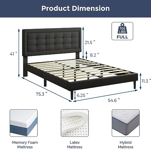 IULULU Full Bed Frame, Upholstered Platform Bed Frame with Linen Fabric Headboard, Full Size Mattress Foundation with Wooden Slats Support, Easy Assembly, No Box Spring Needed, Dark Grey - Thumbnail 2