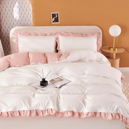 Freyamy Mädchen Bettwäsche 220x240 Weiß Rosa Uni Rüschen Bettwäsche Set – Ansicht 4