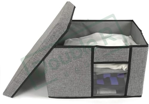 Image of Double R Bagd Fabric Storage Bins with Lid, 2 Handles and Clear Window, 16x12x10 inches (LxWxH) Washable Foldable Storage Basket Cube Box (Pack of 2, Grey)
