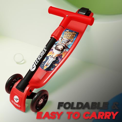 Image of Konex Kick Scooter for Kids (2+ Years) | 3 Broad Rubber Wheels for Smooth Ride | 4-Level Height Adjustable Handle | Foldable & Portable with Back Brake | Holds Up to 40 kg (Red-Black)
