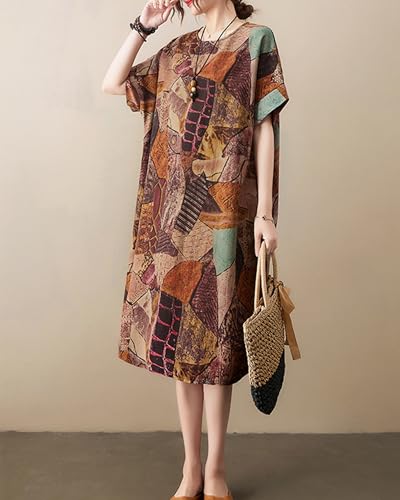 Image of LUZU JUNU Women's Summer Baggy Plus Size Loose Cotton Linen Long Boho Beach Dress with Pockets
