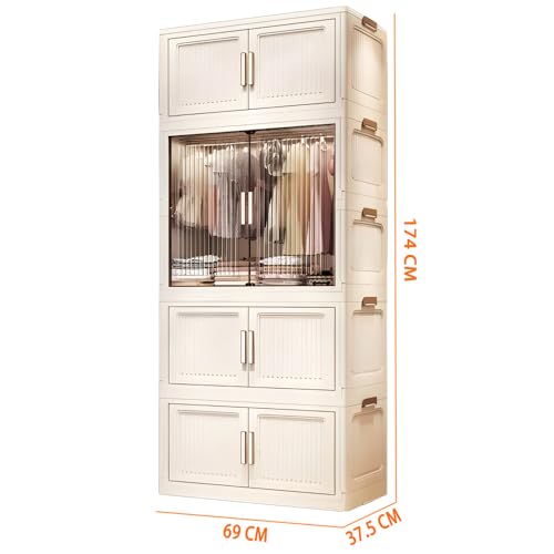 Image of Mevigo 4-Door Plastic Wardrobe for Kids| Almirah and Wardrobe for Baby Clothes| Modular Storage Cabinet with Wheel Organizer for Cupboard Rack for Clothes /Shoes /Books /Toy-Whhite-713