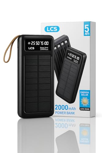 Carregador Solar Portátil Power Bank 20000Mah Painel Solar - Com Cabos Embutidos Display Digital Ideal Para Viagens E Camping (PRETO)