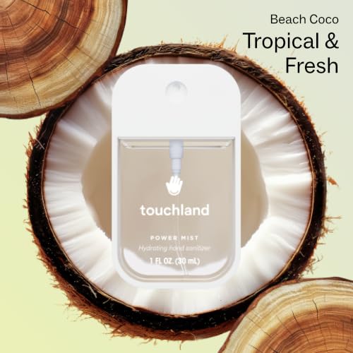 Image of Touchland Vacation Mode Set Beach Coco Hydrating Hand Sanitizer & Case | TSA ready Power Mist with skincare benefits & Icy White case. Tropical scent, transporting you to sun-drenched shores.