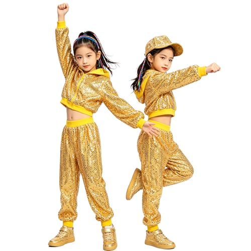 Image of LOLANTA 2PCS Kids Sequins Hip Hop Dance Costume Street Dancewear Long Sleeve Hooded Jacket & Trousers Set, Gold, 12-13 Years, 170