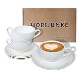 HORIJUNKE Bone China Coffee Mugs Set, Cappuccino Mug, Set of 4 Bone China Cups and Plate, for Latte, Cafe Mocha and Tea(White,5OZ)