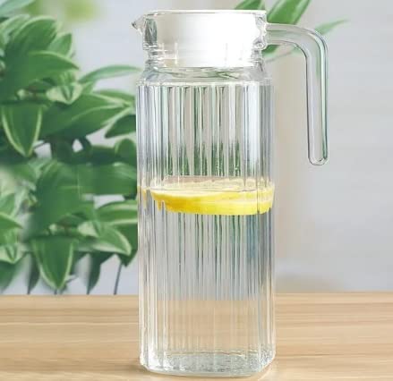 Image of IndusBay Rectangular 1100 ml Fluted Glass Jug Pitcher with Plastic lid, iced Tea Pitcher Water jug hot Cold Water ice Tea, Milk and Juice Beverage Carafes 1.1 LTR, 1 Piece, Transparent