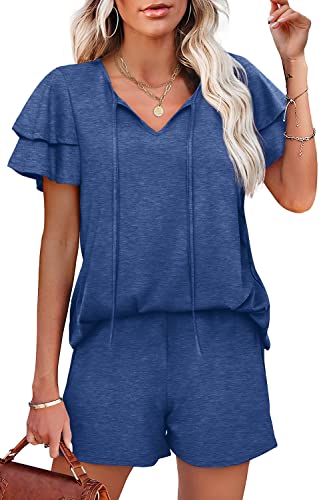 Image of WIHOLL Summer Outfits for Women 2 Piece Short Sleeve V Neck Lounge Sets Casual