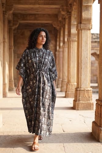 Image of Cotton Kaftan Dresses for Women | Hand Printed Cotton Kaftan Nighty for Women | Length- 52 Inches