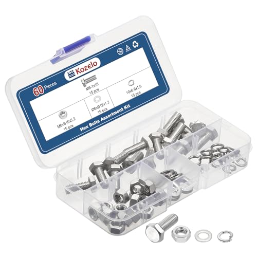 Kozelo 60 Pcs Tornillos Y Tuercas Arandelas - [M6-1x16] 304 Acero Inoxidable Tornillos Hexagonales Con Cabeza Totalmente Roscados Conducción Externa Hexagonal, Tono Plateado