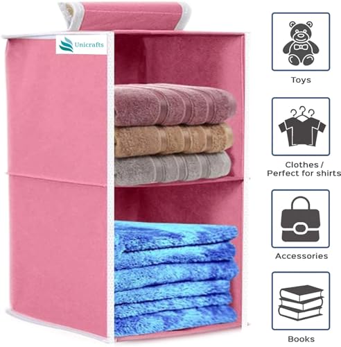 Image of Hanging Closet Organizer for Clothes Storage | Foldable Wardrobe Hanging Storage Rack | Non-Woven Multipurpose Cupboard Organizer for Clothes, Towels & Accessories (Pink, Pack of 1, 2)