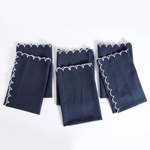 Image of FINGERCRAFT Scallop Edge Cloth Napkins | Set of 6 | 20x20 Inches | 100% Cotton | Table Napkins for Any Occasion | Washable, Perfect for Parties and Everyday Use (Navy Flax, Set of 6)