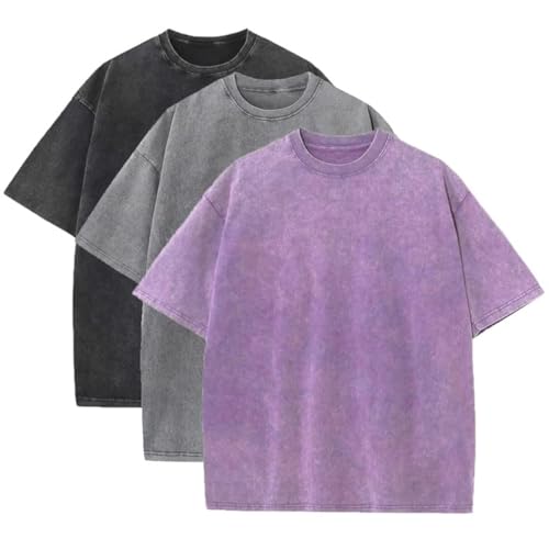 Herren-Sommer-T-Shirt aus schwerer Baumwolle, Oversize, Vintage-Stil, lose Passform, 3 Stück, L
