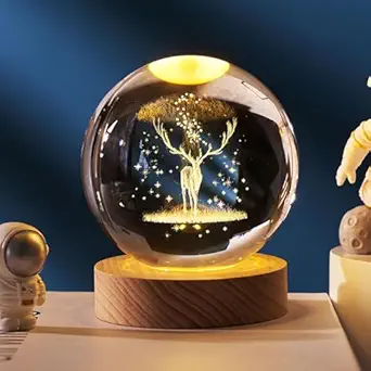 Glowing Crystal Ball 3D Inner Carved Small Light With Wood Base, Decorative Creative Gift Luminous For Christmas Classmates And Kids Birthday. (Deerled)