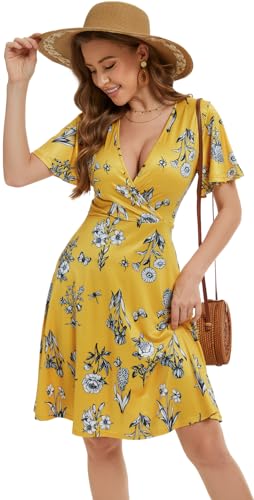 Image of Women Casual Summer Dress 2025 Beach Vacation Floral Sundress Short Sleeve Wrap V-Neck Modest Dresses