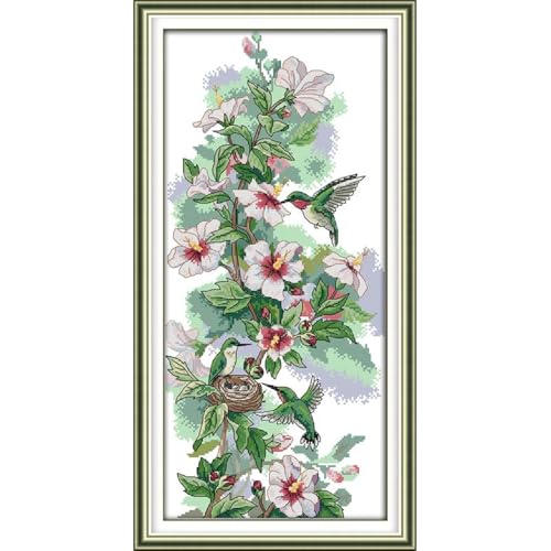 Image of Birds and flowers Stamped Kits Cross Stitch for Adults Cross-Stitch Patterns Needlepoint Kits Embroidery Kit DIY Gift Home Decor 11CT Printed Patterns - Hummingbird flowers(Printed) 14.17 x26.77 inch