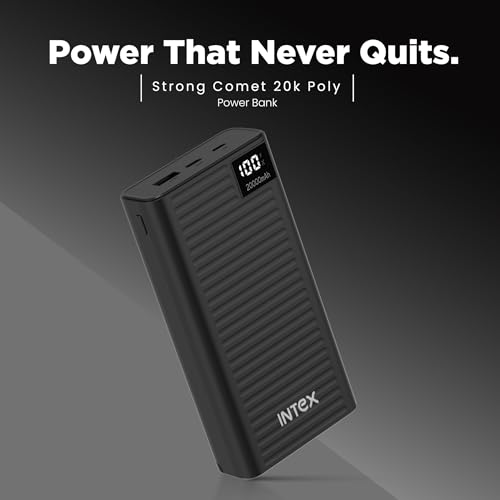 Image of Intex Strong Comet 20K Poly 20000mAh High Capacity QC PD Power Bank with 22.5W Fast Charging, Digital LED Display, Dual Input Type-C and Micro USB, Multiple Output Ports, Long Backup (Black)
