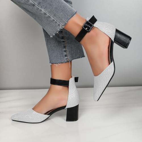 Gold Silver Dress Block Heels for Women Glitter Wedding Shoes for Bride Womens Two Tone Party Dressy Ankle Strap Pumps Closed Pointed Toe Low Thick Sandal Heels2