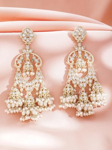 Image of Rubans Long Dangler Earrings Kundan & Pearl Ethnic Jewellery Gift for Women & Girls