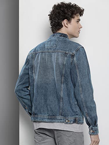 Image of The Indian Garage Co Men Blue Slim Fit Solid Denim Trucker Jacket