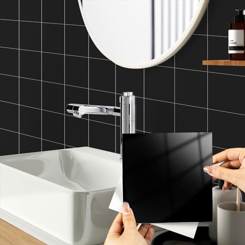 Hode Credence Adhesive pour Cuisine Salle de Bain Noir, Imperméable Carrelage Adhesif Mural Décoratif, Stickers Autocollant Carrelage Cuisine Bain Placard 24...