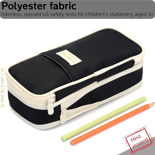 Image of Large Capacity Big Special Cute Aesthetic Preppy Canvas Pencil Case Organizer Holder Pouch Bag with Zipper Compartments, Pen Cases for Women Girls School Adults (Black)