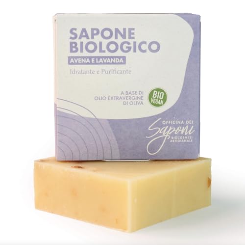 Officina dei Saponi Jabón artesanal orgánico hidratante purificante avena y lavanda a base de aceite de oliva virgen extra orgánico Toscano Vegan 100 gr