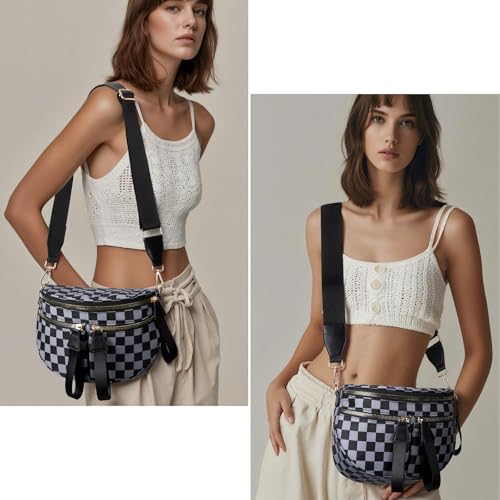 Image of hibear Checkered Crossbody Bag Spacious Bum Bags for Women Nylon Crossbody Fanny Packs Checkered Purse Belt Wallet (W-grey)