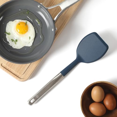 Image of Calphalon Prime Solid Turner, Cooking Spatula, Kitchen Spatula, Stainless Steel Turner with Navy Silicone Head, Heat Resistant for Nonstick Cookware, Ergonomic Handle for Easy Turning