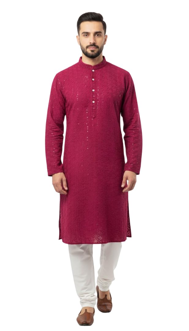 Men's Chikankari Cotton Kurta Pyjama Set | Round Collar | Festive Party Dress | (2Pc- Kurta+Pyjama)-image-18