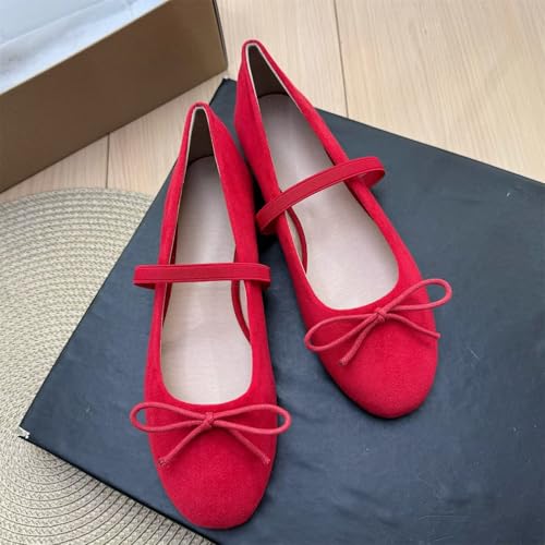 Image of TN TANGNEST Women's Mary Jane Flats Bow Ballet Shoes | Round Toe Flats with Buckle Strap Dressy Comfortable Faux Suede Flats