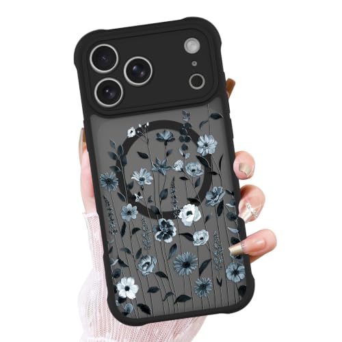 OOK Frosted Magnetic Case for iPhone 18 Pro, Black Floral Sprigs