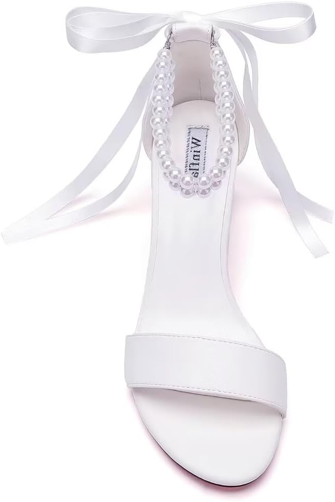 Pearl Wedding Shoes Open Toe Block Heel Wedding Sandals Chunky Heel Bridal Shoes - Image 2