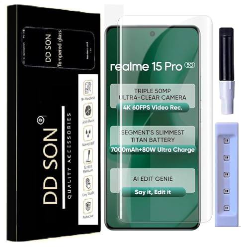 Image of DD SON Premium UV Tempered Glass Screen Protector Compatible For Realme 15 Pro 5G / Realme 15 5G (6.8 Inch, Pack of 1) Smartphone (Pack Of 1) With Edge To Edge Full Coverage UV And Easy Installation Kit