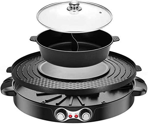 SEAAN Electric Hot Pot Grill Pan Indoor Korean BBQ Teppanyaki Grill Shabu Shabu Pot with Divider Separate Dual Temperature Control Removable Cleaning for 1-4 People110V