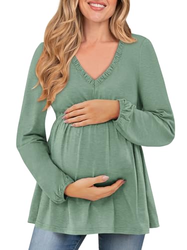 Image of FMEYOA Women's Maternity Tops Long Sleeve V Neck Fall Loose Blouse Ruched Babydoll Pregnancy Shirts S-2XL