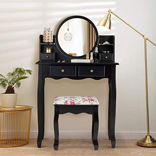 Charmaid Vanity Set With 4 Storage Shelves And 4 Drawers, Makeup Table With 360° Pivoted Round Mirror And Makeup Organizers, Dressing Table With Mirror And Cushioned Stool For Women Girls (Black) #TOP2