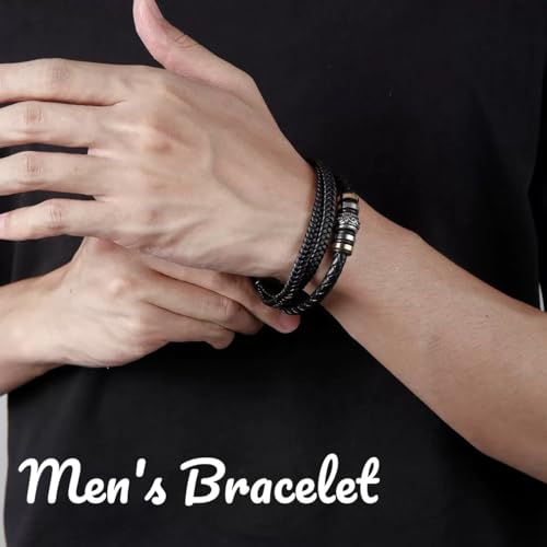Bracelets For Men，Men's Black Braided Leather Bracelet, Stainless Steel Engraved Love You Forever Jewelry, Perfect or Dad, Husband, Son, Grandson, Nephew,Comes With Message Card And Gifts Box2