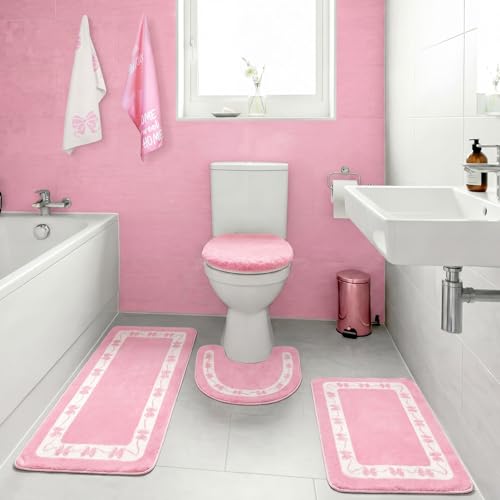 Nuanchu 6 Pcs Pink Bow Bathroom Rugs Set