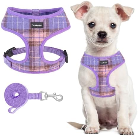 SCENEREAL Puppy Dog Harness with Leash Set for Small Medium Sized Dogs, Soft Mesh Step in Pet Harnesses and Leash, No Chock Plaid Adjustible No Pull Vest for Dogs Cats, Chihuahua,Bulldog (Purple S)