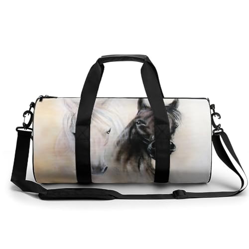 Sac de sport noir et blanc motif cheval 45x23x23cm