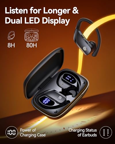 Image of bmani Ear Buds Wireless Earbuds Bluetooth Headphones with 80H Playtime LED Display Case, Over-Ear Hook with Mic, Stereo Sound, Easy Button Controls, Sports Earphones for Running Workout Gym Black