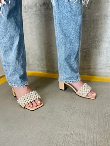 Women's Pearl Slip On Square Toe Mid Low Heel Sexy Wedding Dress Sandal Shoes4