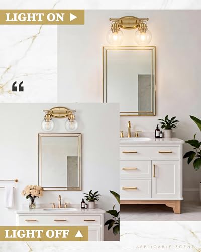 Image of Gold Bathroom Light Fixtures, 2-Light 14 inch Vanity Lights with Clear Globe Glass Shades, Farmhouse Vintage Vanity Lighting Fixtures Over Mirror, E26 Base, AD-2147-2W-BG