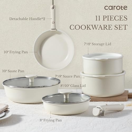 Image of CAROTE Pots and Pans Set Non Stick, Oven /Dishwasher Safe Cookware Set, 11pcs Nonstick Induction Kitchen Cookware Sets Non Stick with Removable Handle, RV Cookware Set, Detachable HandleSet, White