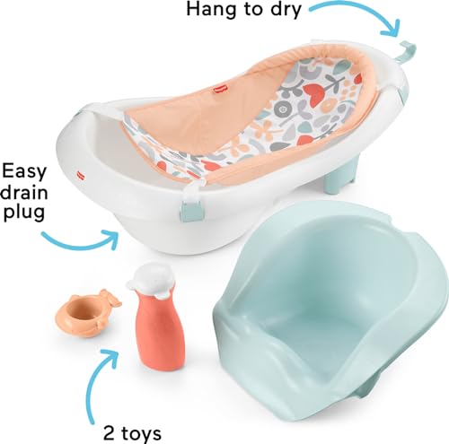 Fisher-Price Baby Bath Tub for Newborn to Toddler with Baby Seat & Bath Toys, 4-in-1 Sling 'n Seat, Summer Blossoms